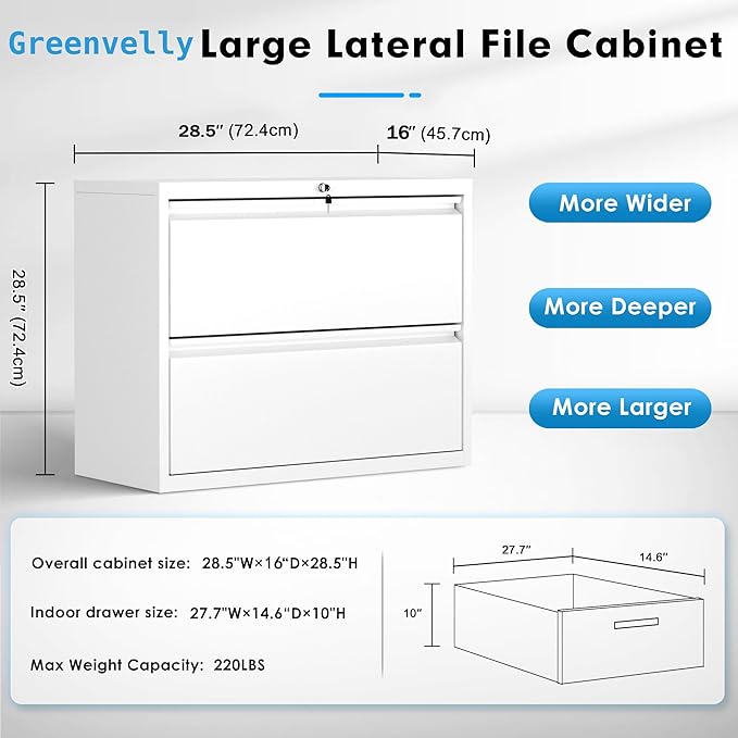 Pataku Lateral File Cabinet, 2 Drawer File Cabinet with Lock, White Filing Cabinets for Home Office, Metal File Cabinet for Hanging Files/Letters/Legal/F4/A4(2Drawer/White)