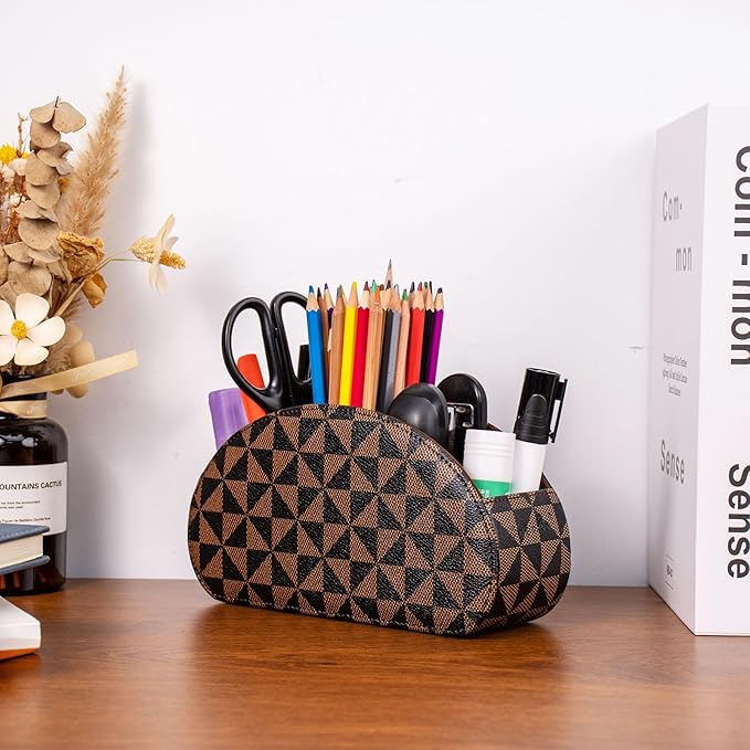 Remote Control Holders Organizer Box with 5 Compartment PU Leather Multi-functional Office Desk Storage Caddy Store Tv Remote for Media Player,Brush,Pencil,Glassees&Office Supplies (Triangle print)