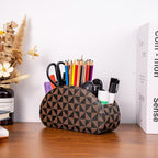Remote Control Holders Organizer Box with 5 Compartment PU Leather Multi-functional Office Desk Storage Caddy Store Tv Remote for Media Player,Brush,Pencil,Glassees&Office Supplies (Triangle print)