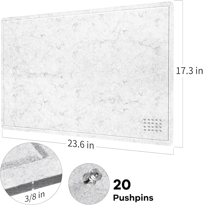 Lightomorrow Bulletin Board, 24 x 18 inches Felt Board Decorative Pin Board, Cork Board Alternative for Wall, Foldable Photo Board Self-Adhesive Vision Board Mood Board with 20 Pushpins - Marble White