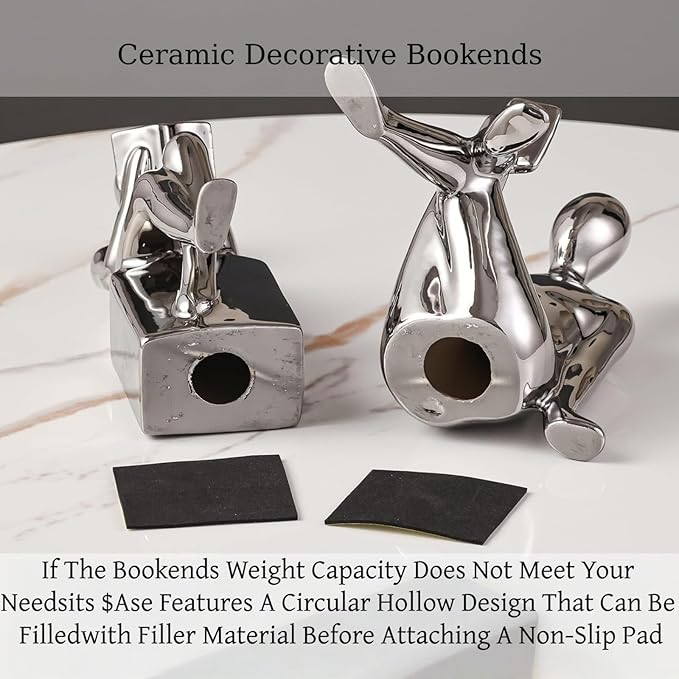 TYGKROF Decorative Bookends,Ceramic Statue Book Ends,Home Office Modern Bookends,Decor Aesthetic Reading Book Holders for Bookshelf,Bedroom Living Room Decoration Unique Bookends (Silver)