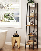 Hzuaneri Ladder Shelf, Bookshelf Bookcase, Freestanding Corner Storage Shelve with 2 Hooks for Home Office, Living Room, Kitchen, Bedroom, Industrial, 11.8" D x 13.4" W x 63" H, Rustic Brown BC03201B