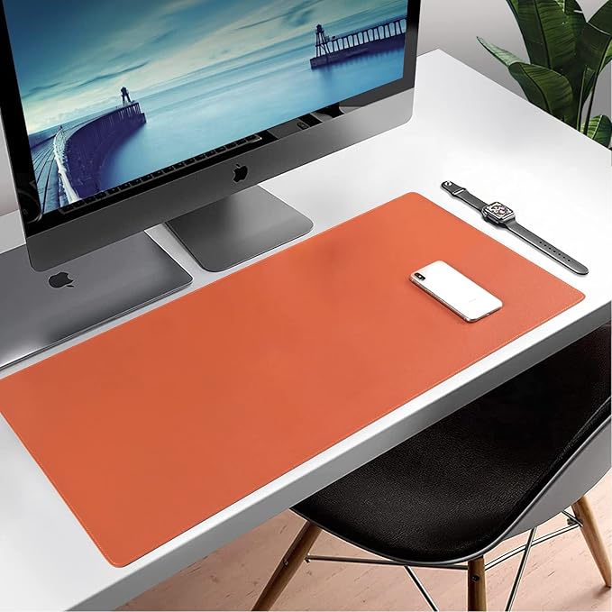Wolaile PU Leather Desk Pad Blotter,Waterproof Orange Office Desk Mat for Women,Non-Slip Writing Desk Protector Large Mouse Pad,36x17inch