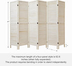 White Room Divider, Temporary Wall with Double Hinges, 5.6 Ft Tall Folding Louver Wood Screen for Home Office Bedroom Hotel Decoration (6 Panels, White-Washed)