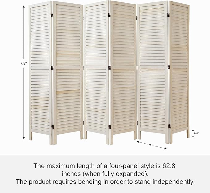 White Room Divider, Temporary Wall with Double Hinges, 5.6 Ft Tall Folding Louver Wood Screen for Home Office Bedroom Hotel Decoration (6 Panels, White-Washed)