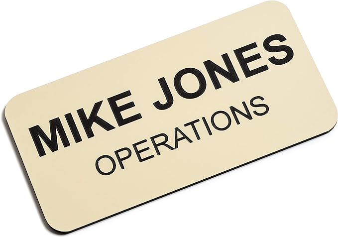 Custom Engraved Name Tag Badges – Personalized Identification with Pin or Magnetic Backing, 1.5 Inches x 3 Inches, Almond/Black