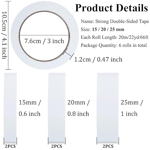 Double-Sided Fabric Tape, Hem Tape No Sew Double Sided Tape for Crafts Arts, 6 Rolls Strong Adhesive Cloth Sewing Tape for Hemming, Clothing Repairs, Pants, DIY Projects, Paper Backing (0.6/0.8/1inch)