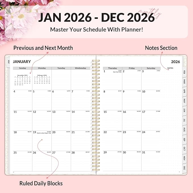 SUNEE 2026 Planner, Weekly and Monthly Calendar Planner, January 2026-December 2026, Daily Agenda with Tabs, Note Pages, Spiral Binding, 8.5"x11", Colorful Flowers