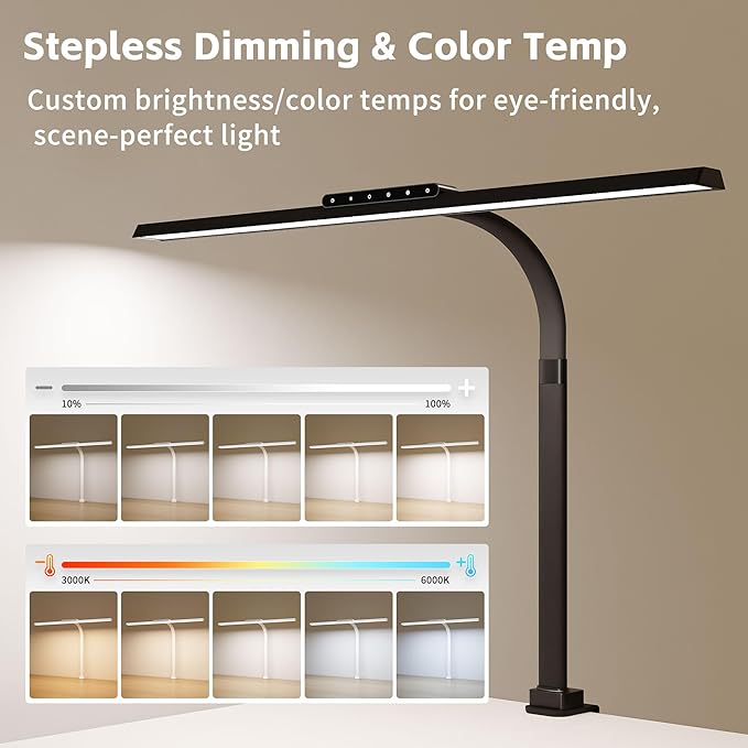 Desk Lamp with Clamp, LED Eye-Caring Clip on Desk Lights for Home Office, Tall Touch Control Dimmable Computer Light with Color Changing, 24W Brightest Architect Desktop Lamp for Screen, Black