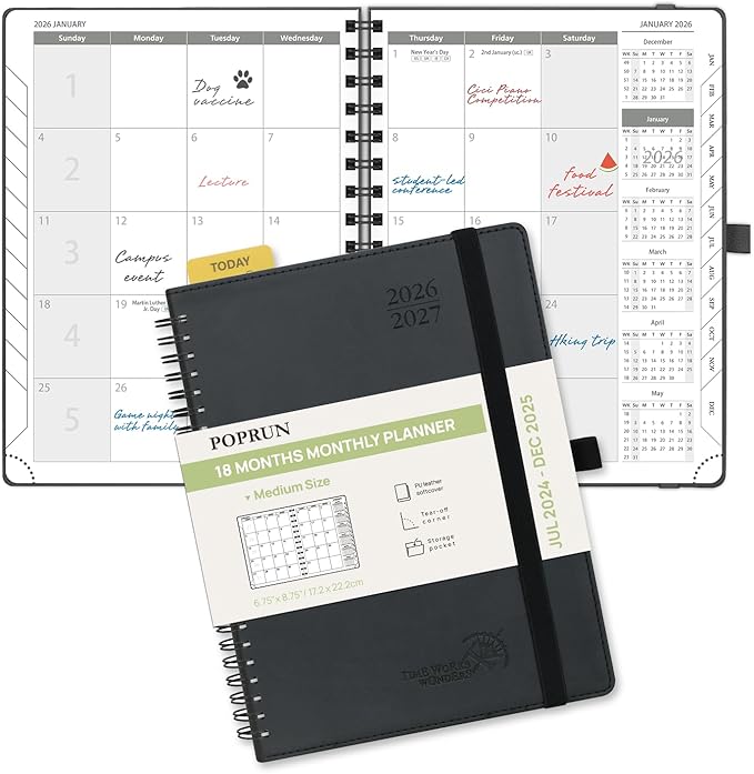POPRUN Monthly Planner 2026-2027 (Medium 6.5" x 8.5") 18 Months Calendar Book(Jan 2026 - Jun 2027) - 4 Pages per Month with Expense & Notes, Stair-like tabs, Leather Cover, Sunday Start - Black