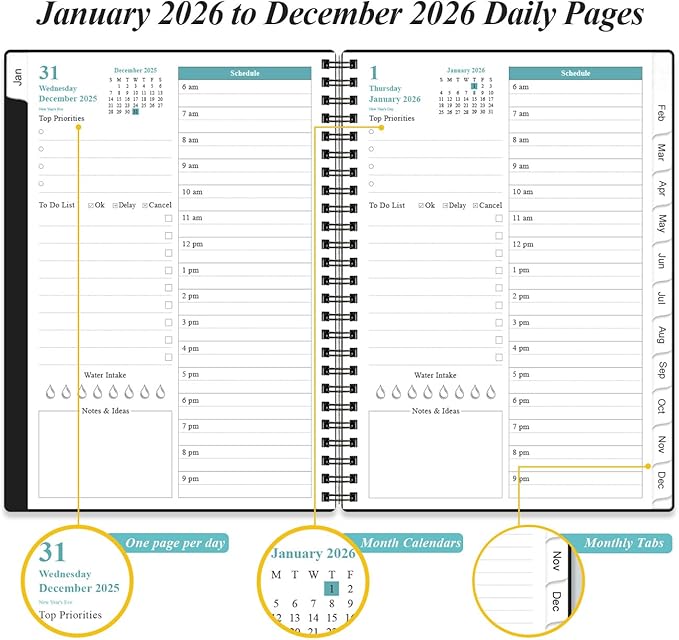 Daily Planner 2026 Full Page Per Day- 2026 Daily & Monthly Planner from January 2026 to December 2026, Day Planner 2026 with 12 Months Tabs, 6.4" x 8,5", Black