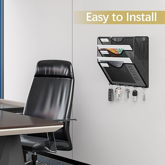 EasyPAG 3 Pocket Mesh Wall File Organizer with Key Hooks, Hanging Paper Folder Holder with Classify Label, Vertical Wall Mount Mail Organizer for Office Home Classroom, Black