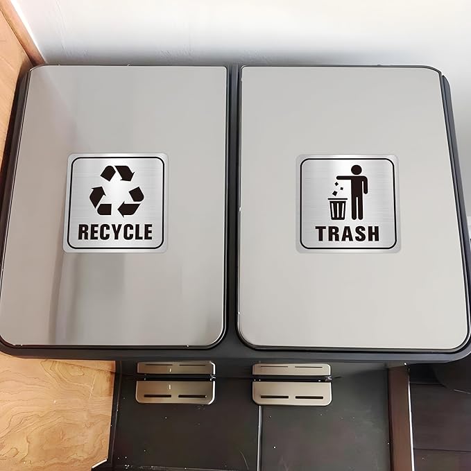 2PCS Recycle Stickers for Trash Bins, Self-Adhesive Waterproof Brushed Silver Trash and Recycling Stickers for Trash Can, Kitchen, Office, Garbage Bin Indoor, Outdoor Use