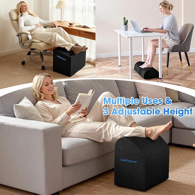 ComfyInLove Foot Rest for Under Desk at Work - Non-Slip Foot Stool with 3 Adjustable Heights, Ergonomic Under Desk Footrest with Washable Cover for Desk, Home, Office, Car (Black)
