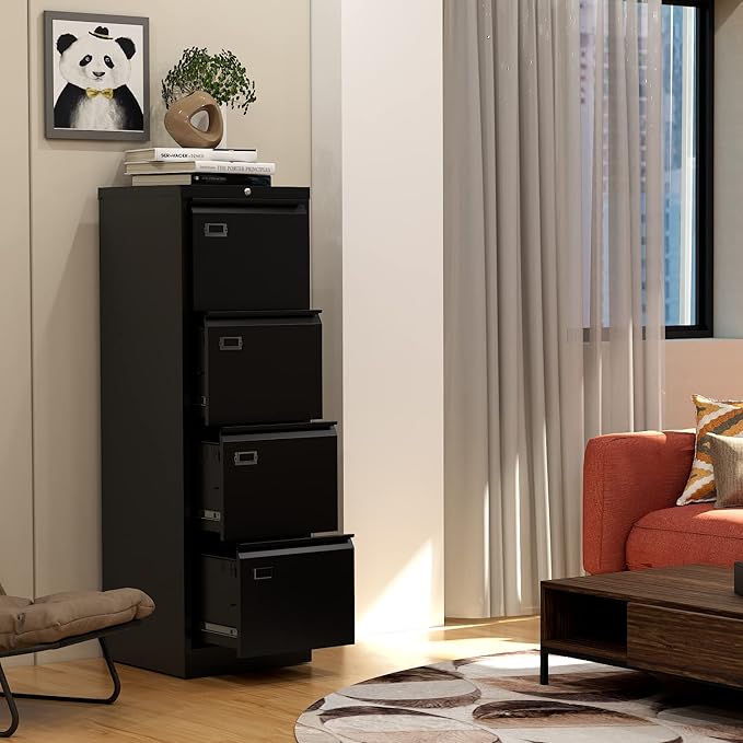 Fesbos File Cabinet - 4 Drawers Vertical 17.8" Deep Lockable Filing Cabinet Black Metal Storage Cabinets for Home Office to Hanging Files Letter/Legal/F4/A4 Size