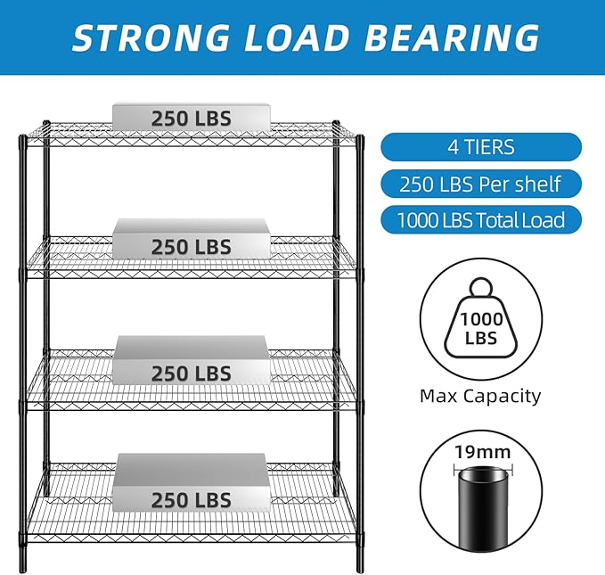 Guan River 4-Shelf Adjustable Metal Shelf Wire Shelving Unit Heavy Duty Storage Rack Display Shelf for Office,Kitchen,Bedroom,Bathroom,Laundry,Pantry Basement,Garage(Black,48" L x 18" W x 62" H)