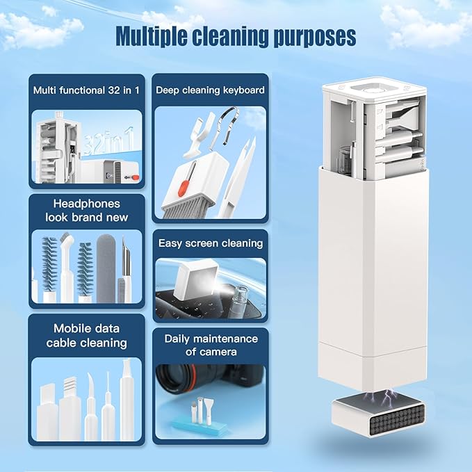 Keyboard Cleaning Kit Laptop Cleaner, 32-in-1 Computer Screen Cleaning Brush Tool, Multi-Function PC Electronic Cleaner Kit for iPad iPhone Pro, Earbuds, Camera Monitor(White)