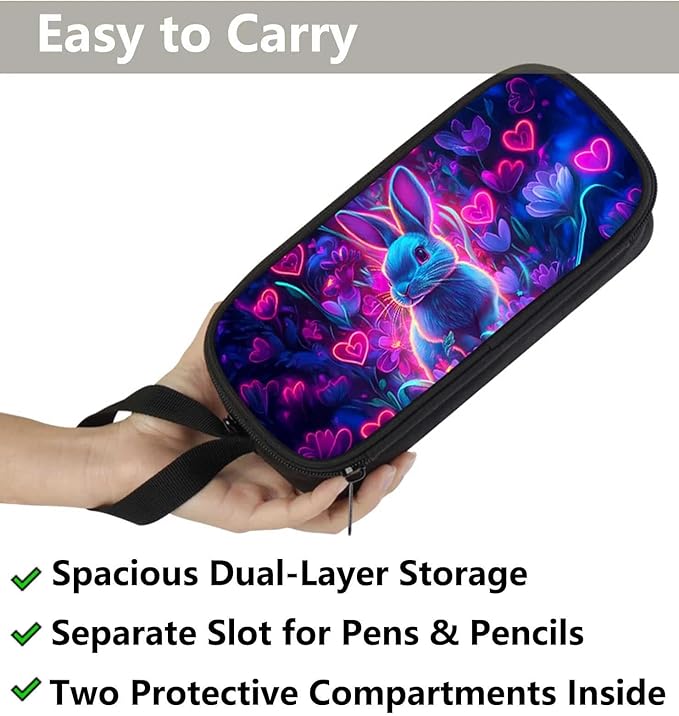 AnySmic Bunny Pencil Case for Boys Girls, Large Durable Pencil Pouch for Kids, Big Capacity Pen Case with 2 Compartments, Double Zipper, Pen Bag Organizer for Child Age 6+