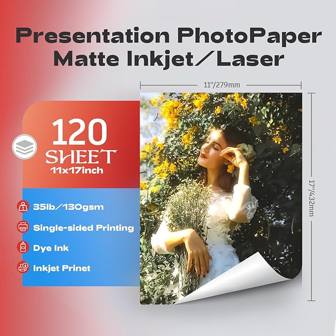 HARTWII 120 Sheets Thin Matte Presentation Photo Paper tabloid paper 11x17 inches 35lb 130gsm 6.5 Mil A3 for Dye Ink Inkjet Printer