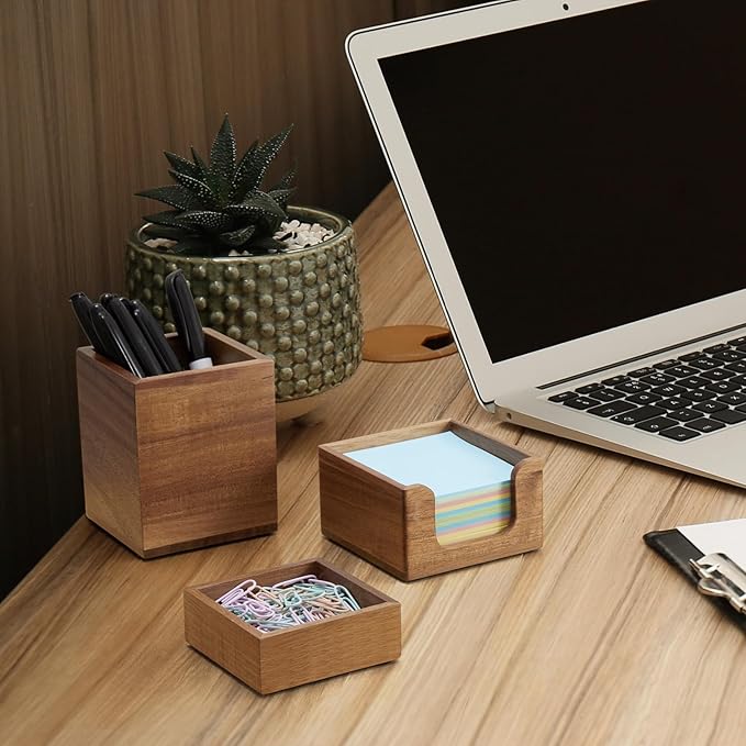 CMLKLZD Desk Organizer Set of 3 - Acacia Wood Office Desk Accessories - Desk Organizers and Accessories for Women Men - Set incl. Pencil Pen Holder, Paperclip Storage and Sticky Note Holder