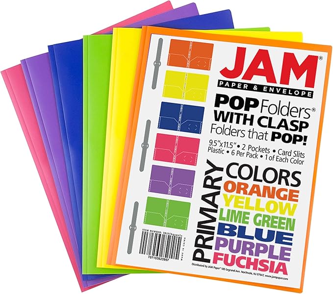JAM PAPER Plastic Color POP Folders - 2 Pocket Durable Folders with Metal Prongs Fastener Clasps - Assorted Primary Colors - 6/Pack