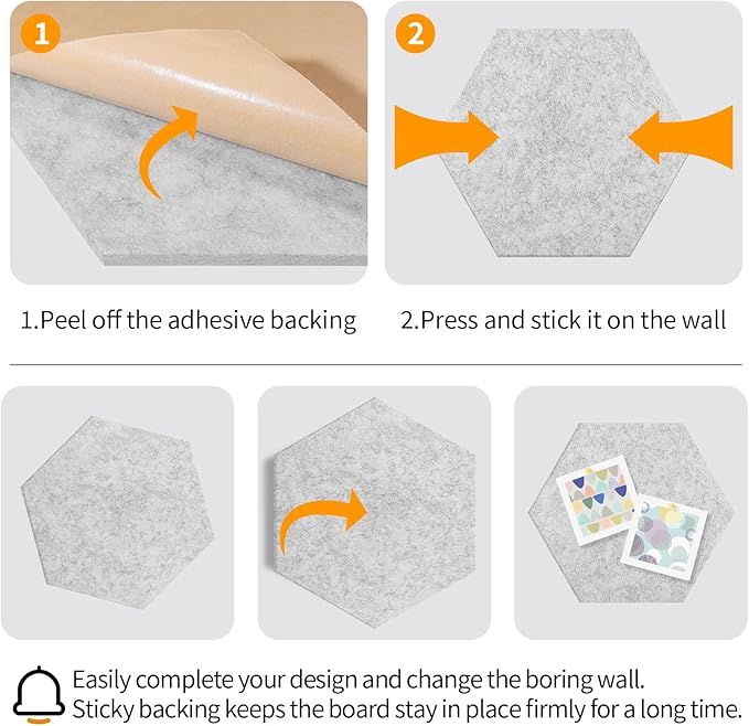 Fwpelt 12'' Medium Hexagon Cork-Bulletin Board Tiles Adhesive 10PCS 12x10 inch Frameless Sticky Corkboard Hex Felt Pin Board for Office-Wall Decor, Removable Hexagonal Tack Pinboard with 30 Pushpins