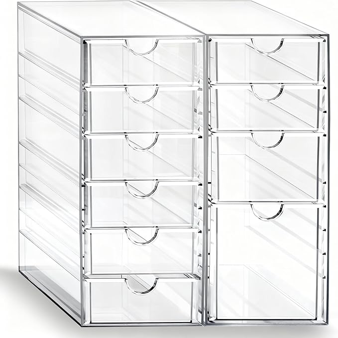 Prsildan Acrylic Drawer Makeup Organizer with 10 Drawers, Set of 2 Office Desk Organizers Accessories, Clear Stackable Storage Drawers for Vanity, Countertop, Craft, Jewelry, Art Supply Organization