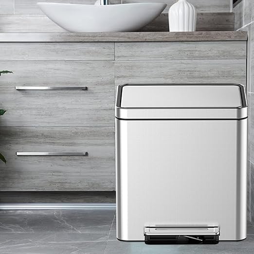 8 Gallon (2 x 15 L) Dual Trash Can, Stainless Steel Garbage Can with Soft-Close Lid for Kitchen, Hands-Free Recycle Bin with 2 Compartment Removable Inner Bucket for Home, Office