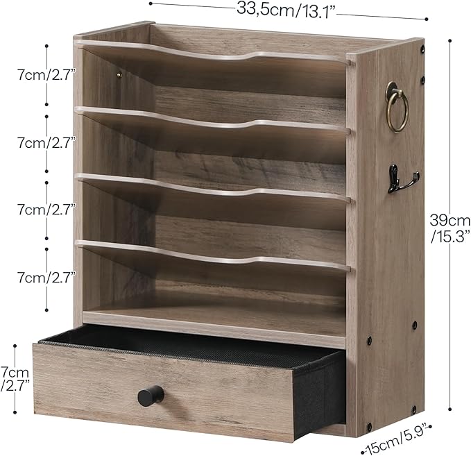 HOOBRO Wall File Organizer, Mail Organizer Wall Mounted, Wooden Mail Sorter, Construction Paper Holder with Drawer Storage and 2 Hooks, for Office, Classroom, Home, Greige BG14WF01