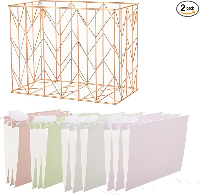 Fei Bi Hanging rose gold file organizer with 12 letter sized hanging folders, file basket, file box, storage box, office and school supplies