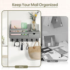 FifthQuarter Key and Mail Holder for Wall, Mail Organizer Wall Mount with 6 Hooks and Storage Drawer, Easy Installation Key Rack for Entryway and Home Decor (A-Grey)