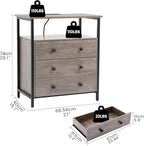 Edbuosy 3 Wooden Drawers Nightstand, 27 Inch Wide Night Stand Set 2 with Charging Station and Adjustable Drawers, Small Dresser for Closet, Bedside Table for Living Room/Bedroom/Office, Gray.