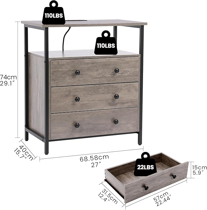 Edbuosy 3 Wooden Drawers Nightstand, 27 Inch Wide Night Stand Set 2 with Charging Station and Adjustable Drawers, Small Dresser for Closet, Bedside Table for Living Room/Bedroom/Office, Gray.