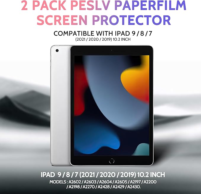 Peslv 2 Pack Like Paper Screen Protector for iPad 9th/8th/7th (10.2-Inch, 2021-2019), Matte Anti Glare PET Film/Blue Light Filter Eye Protection Cover/Drawing & Writing Feel Like on Paper