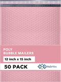 Light Pink Large Poly Bubble Mailers 12x15 inch | Self Seal Padded Envelopes Cushioned Bubble Mailer | Usable Size 12x15 | WaterProof | Lightweight mailing Shipping Bags | 50 Pack Bulk