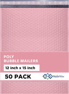 Light Pink Large Poly Bubble Mailers 12x15 inch | Self Seal Padded Envelopes Cushioned Bubble Mailer | Usable Size 12x15 | WaterProof | Lightweight mailing Shipping Bags | 50 Pack Bulk