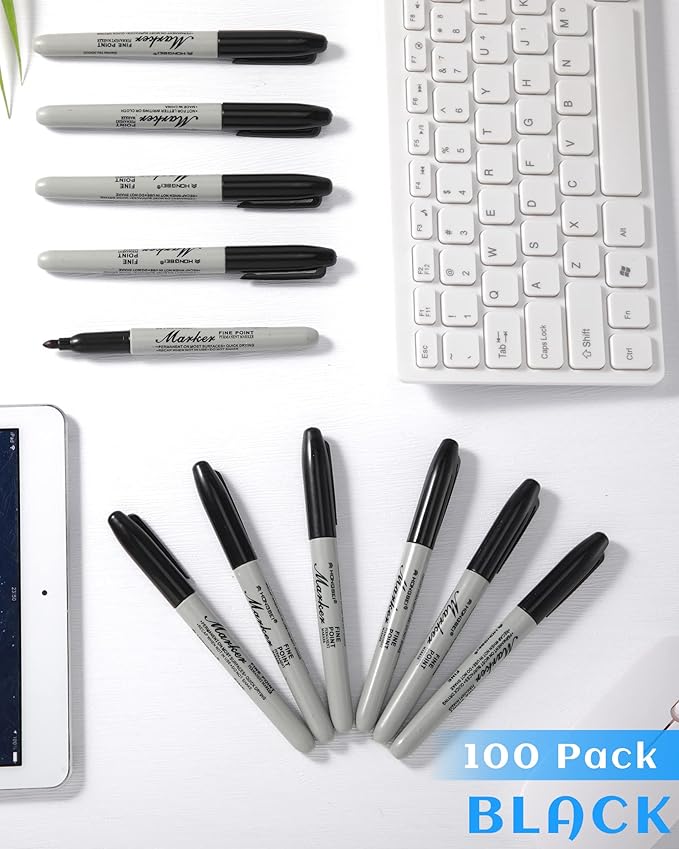 Thenshop 100 Pack Black Permanent Markers Bulk - Fine Point Permanent Marker Quick Drying Waterproof Pens for Doodling Writing Marking Classroom Work on Wood Metal Stone Glass, Office School Supplies