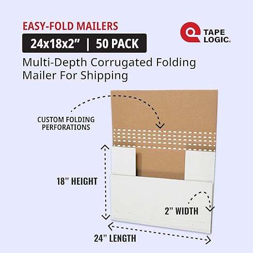 Tape Logic TLM24182BF Easy-Fold Mailers, 24" x 18" x 2", White (Pack of 50)