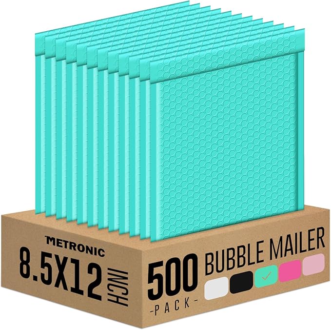 Metronic Bubble Mailers 8.5x12 500 Pack Teal Usable Size 8.5x11 Waterproof Thick Padded Envelopes Mailing Bubble Padded for Packaging, Makeup, Mailing, Shipping, Small Items Supplies