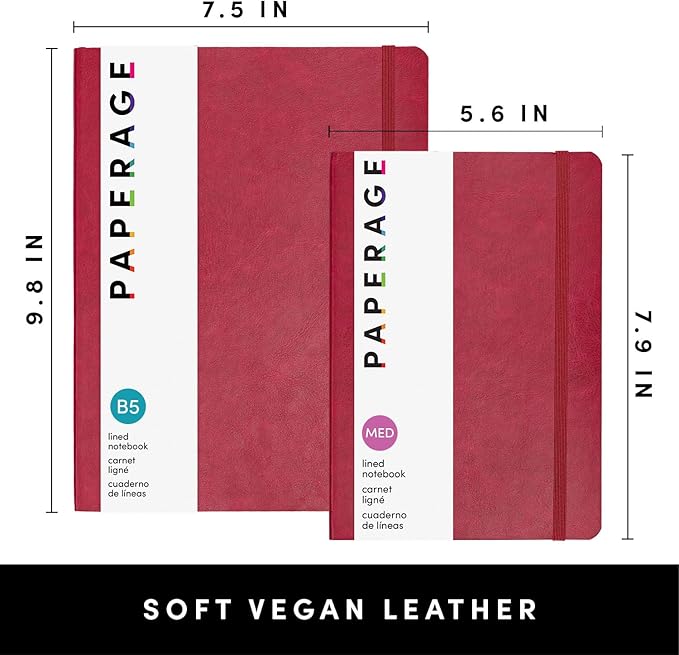 PAPERAGE Softcover Lined Journal Notebook (Red), 160 Pages, Medium College Ruled Notebook, 5.6 inches x 7.9 inches - 100 GSM Thick Premium Paper, Soft Vegan Leather Journal for Home, Work & School