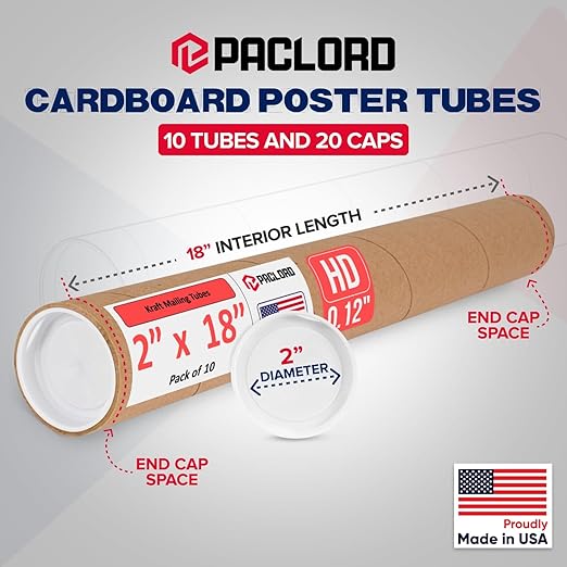 Paclord 2" x 18" Heavy-Duty Reinforced Cardboard Mailing Tube, Pack of 10 Tubes with 20 Caps – Secure USPS Approved – Great for Shipping and Storing of Prints, Artwork, Posters or Documents