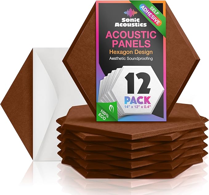 Acoustic Panels 12 Pack Soundproof Wall Panels, 14" X 12" X 0.4" Sound Proof Panles, High-Density Wall Decoration Sound Absorbing Panel, Hexagon Wall Panel for Home Office with Self-Adhesive-Coffee