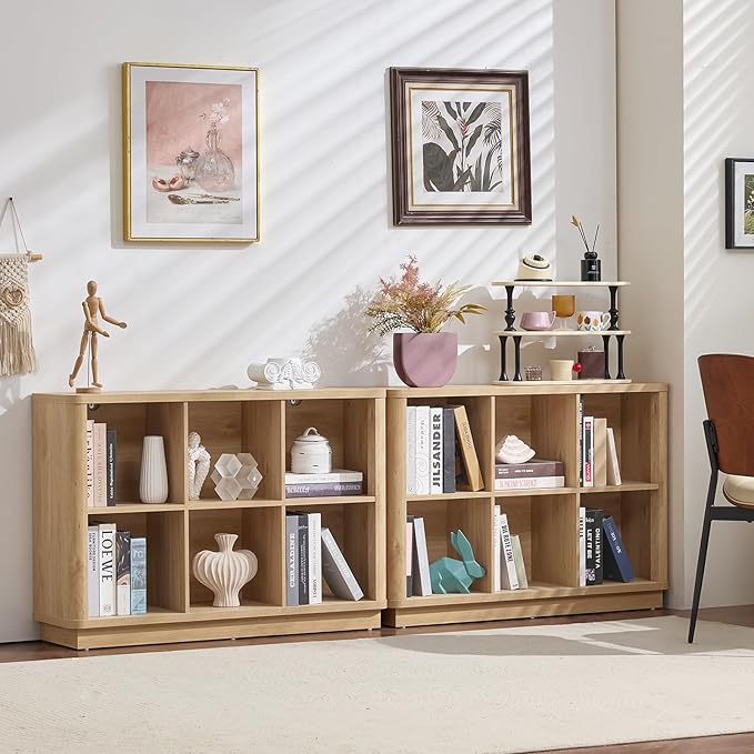 Joaxswe 6 Cube Storage Book Shelf, 40" Wide Low Horizontal Bookcase with Curved Edge, Floor Standing 2-Tier Wooden Bookshelf with Base, Modern Short Book Case for Bedroom, Study, Entryway, Natural Oak