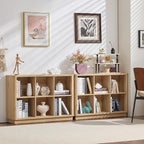 Joaxswe 6 Cube Storage Book Shelf, 40" Wide Low Horizontal Bookcase with Curved Edge, Floor Standing 2-Tier Wooden Bookshelf with Base, Modern Short Book Case for Bedroom, Study, Entryway, Natural Oak