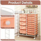 COSTWAY 15-Drawer Rolling Storage Cart, Mobile Utility Cart with Heavy-duty Frame & Lockable Wheels, Multipurpose Storage Organizer for Tools, Paper, Home, Office, School, Peach
