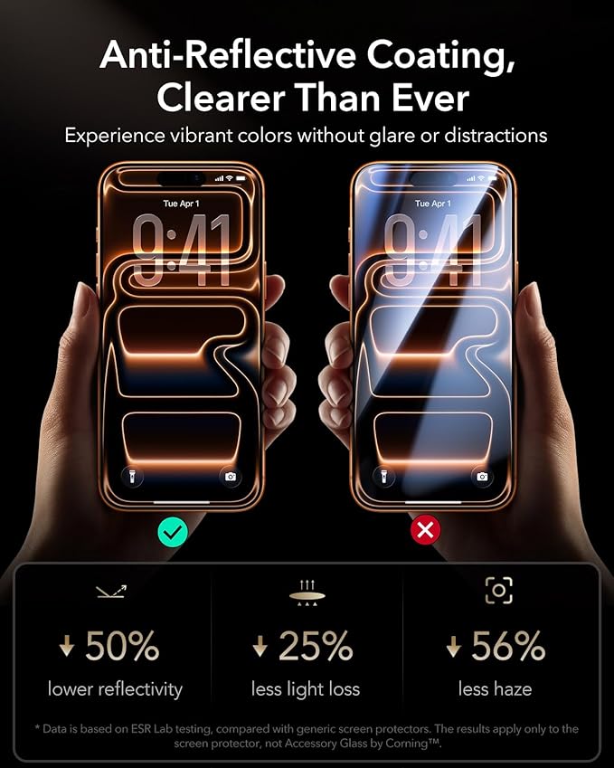 ESR Accessory Glass by Corning™ 3 Pack 9H+ Glass for iPhone 17 Pro Screen Protector, with AR Anti-Reflective Technology, Military Grade Shatterproof & Durable with UltraFit Tray