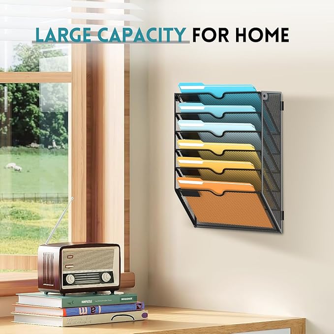 SUPEASY Wall File Organizer Mesh Office Mail Holder, Hanging Wall Organizer Magazine Rack for Office Black, 6 Tier, 2Pack