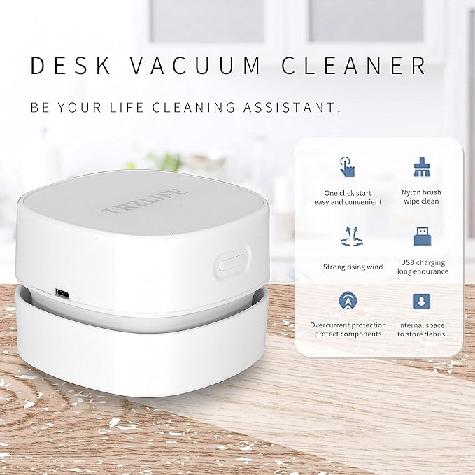 TRZLIFE Desk Vacuum Cleaner, Rechargeable and Durable Mini Desktop Vacuum with Bonus Accessories Desk Cleaner Sucks Tiny Items and Crumbs from Desktop Drawer Countertop Ideal as a Valentine's Day gift