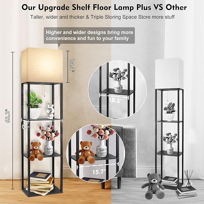 RUNTOP Plus Floor Lamp with Shelves, Shelf Lamp with 15W LED Bulb, 3 Colors, Memory Function, Wide Display Shelf for Collectibles Storge, Floor Lamps for Living Room, Standing Lamp for Bedroom