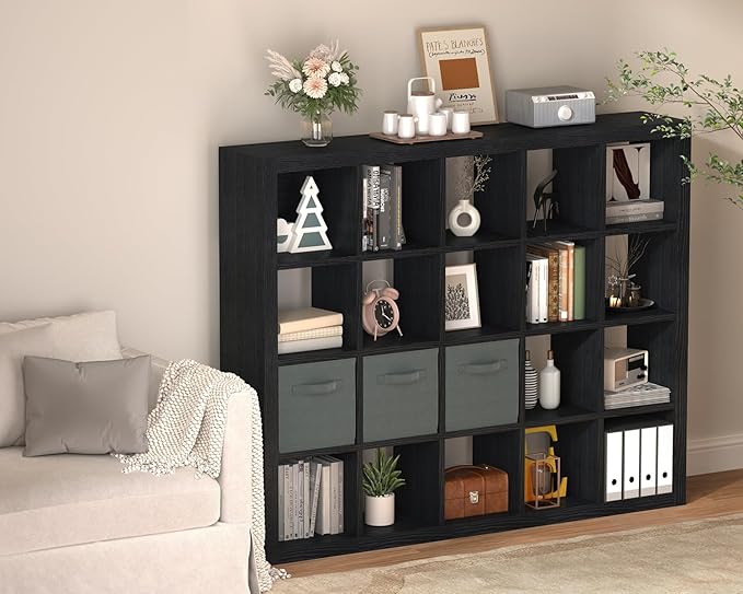 Sturdy Wooden Bookshelf - 20-Cube Storage Organizer with Bins & Multifunctional Cubicle Rack for Living Room, Bedroom or Office - Black